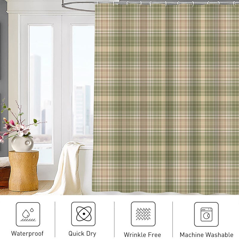 Abaysto Gingham Plaid Beige Grey Sage Abstract Autumn Celtic Checked Checkered Bathroom Decor Shower Curtain Sets with Hooks Polyester Fabric Great Gift - Image 4